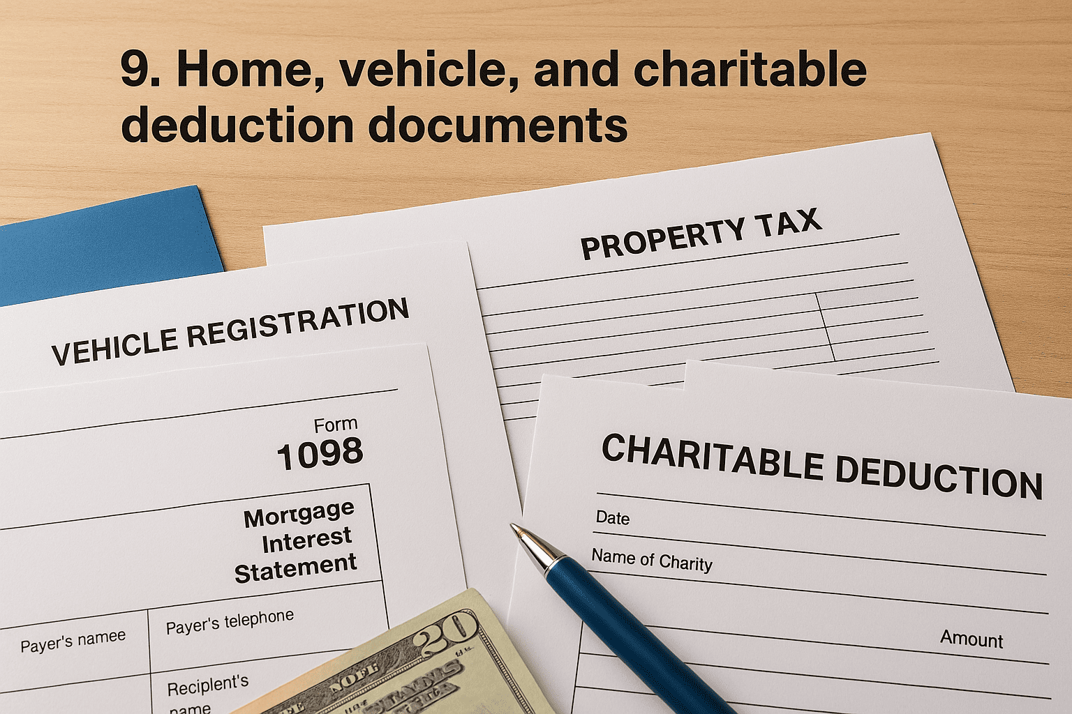 9. Home, vehicle, and charitable deduction documents