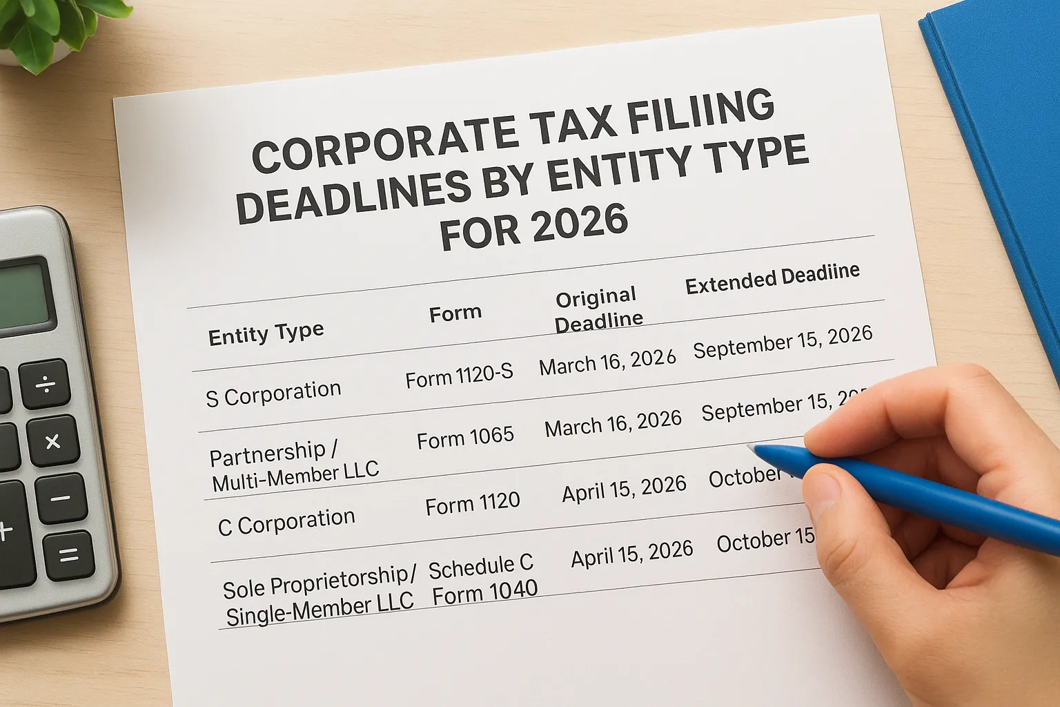 Corporate tax filing deadlines by entity type for 2026