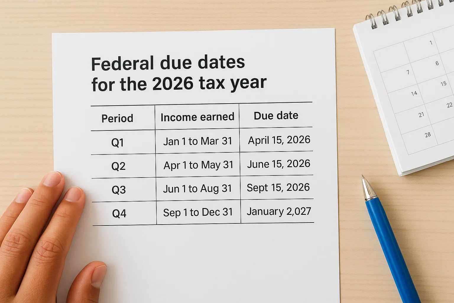 Federal due dates for the 2026 tax year