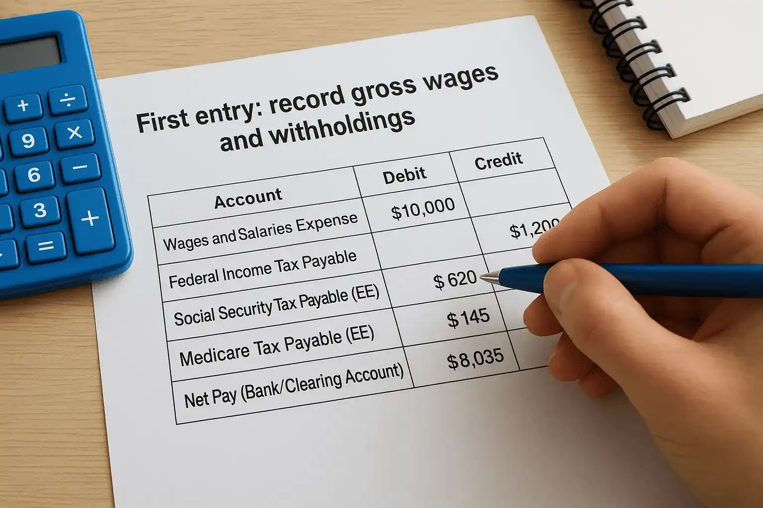 First entry: record gross wages and withholdings