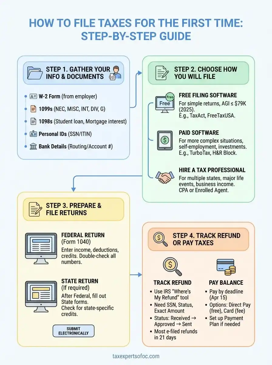 how to file taxes for the first time infographic