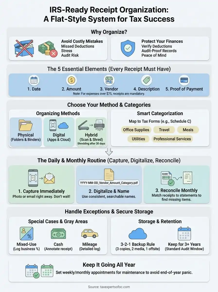 how to organize receipts for taxes infographic