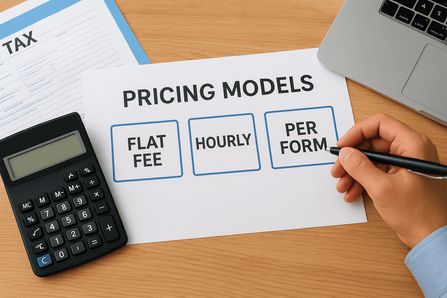 Pricing models: flat fee, hourly, per form