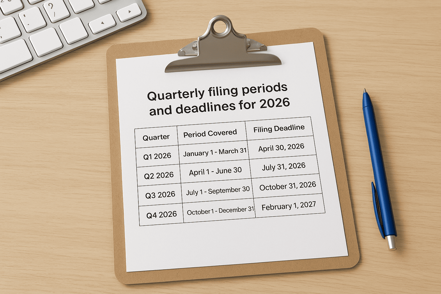 Quarterly filing periods and deadlines for 2026